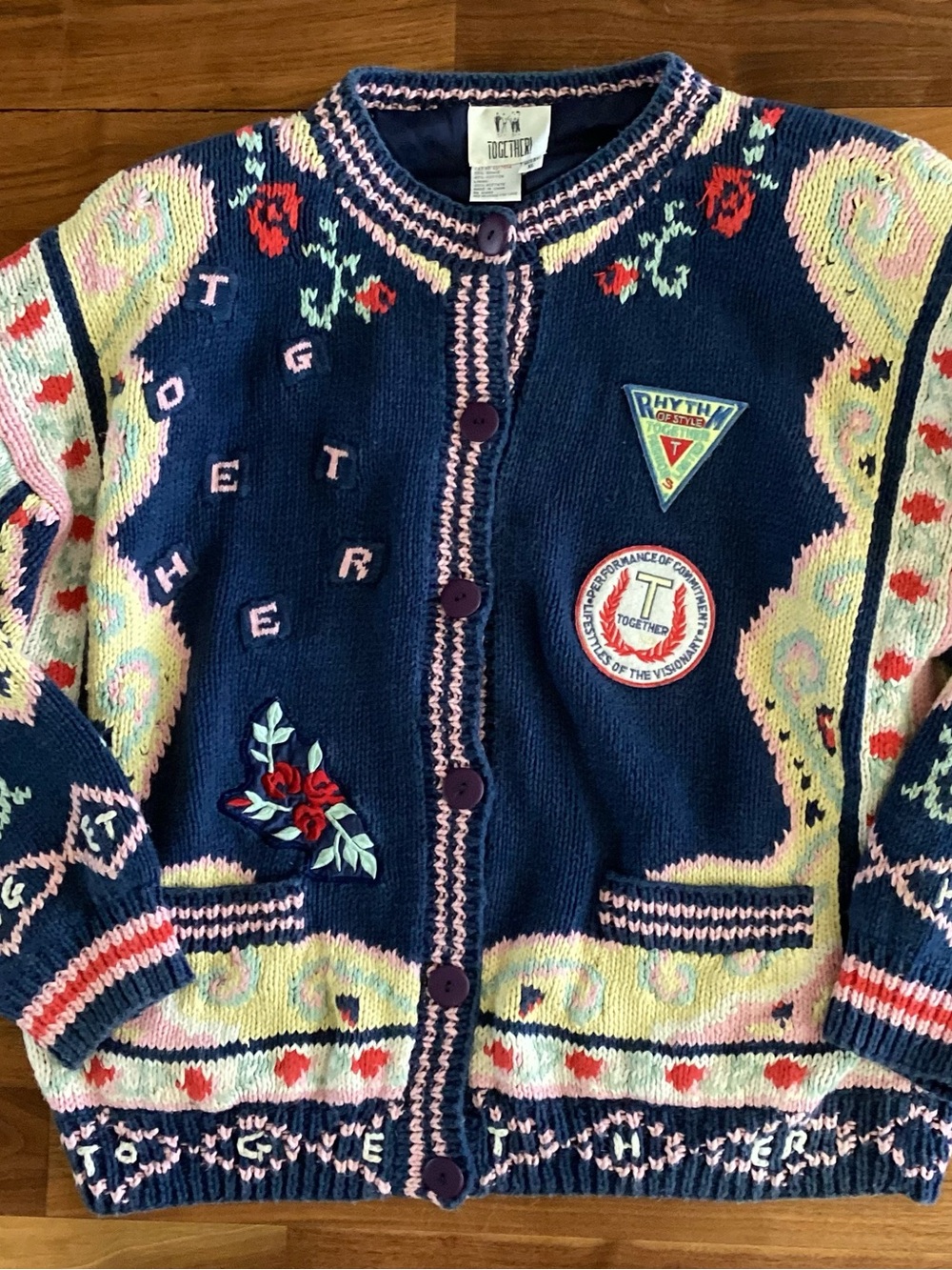 90’s Together Navy Multicolor Embroidered Patch Cardigan